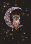 An owl sits in the centre of a crescent moon. Its body is drawn as a multi-faceted red jewel, and the area around the eyes is blue, with the outline of its body, head and ears in gold. The moon has a filigree pattern, and appears to be held up by decorative chain. Stars appear all around, and small, decorative chains hang beneath. The background is black.