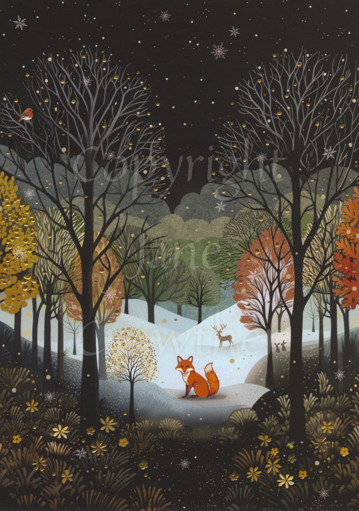 A red fox sits looking toward the viewer in a snow-covered clearing. They are surrounded by the silhouettes of leafless trees in the foreground, red and gold leafy trees behind, with more trees beyond. They reach up toward a dark, starlit sky. A stag stands in the snow far behind the fox, and a robin perches in one of the trees. In the foreground, a carpet of gold flowers and pale leaves.