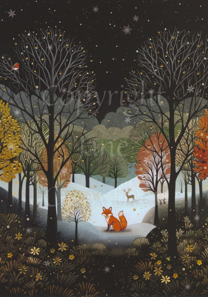 A red fox sits looking toward the viewer in a snow-covered clearing. They are surrounded by the silhouettes of leafless trees in the foreground, red and gold leafy trees behind, with more trees beyond. They reach up toward a dark, starlit sky. A stag stands in the snow far behind the fox, and a robin perches in one of the trees. In the foreground, a carpet of gold flowers and pale leaves.