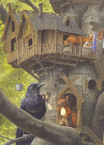 A raven perches on a branch at the bottom of the design. A mouse, seated on the back of the raven, leans out to pass a letter to a waiting red squirrel in brown trousers. Behind the squirrel, a door leads into the main trunk of the tree, above which a large tree house, complete with pitched roof, extends out from the tree. A second squirrel watches the delivery from a balcony in the tree house, while another hangs out washing on a line extending off the edge of the design.