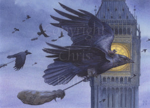 A raven flies in front of a large clock tower with an illuminated face. It's dusk, and the sky beyond is a dull blue. Behind his head sits a tiny mouse, holding on with a harness. In his talons he holds a rope, at the end of which is a large sack with the word 'post' just visible on it. The sack is being pulled horizontal due to the speed of the raven's passage. Other ravens with a similar passenger and cargo can be seen in the distance.