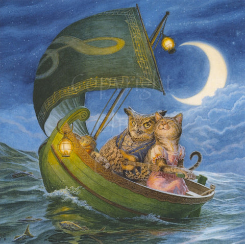 A short, wide, green boat moves through a turbulent sea where fish can be seen breaking the surface. A large green sail assists its passage, and a lamp swings from the top of the mast. Inside the boat, an owl and cat huddle together. The owl, wearing a blue shirt and holding a guitar, looks sideways at the smiling cat, who is wearing a pink dress and holding the tiller. A large crescent moon shines above clouds and across the sea. A starlit sky appears beyond the clouds.