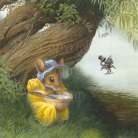 A mouse in a bright yellow dress and blue hat, sits in grass against the twisted trunk of a willow tree which leans out across water. The mouse has a beige ceramic bowl and wooden spoon, and is eating the bowl's contents. To the right, where the tree hangs over the water, a large, grey spider hangs, holding a cane with two of his legs, and using two more legs to lift his top hat in greeting.