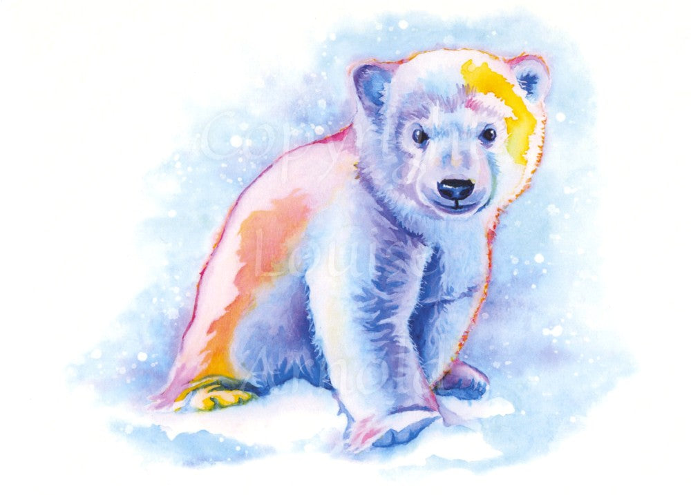 A young polar bear sits in the snow, head turned towards the viewer. The majority of the bear is coloured in shades of blue, but with an orange and yellow back and top of head, and outlined in red. The background is blue and with snow falling, fading to white towards the edges of the design.