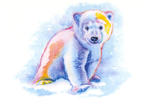 A young polar bear sits in the snow, head turned towards the viewer. The majority of the bear is coloured in shades of blue, but with an orange and yellow back and top of head, and outlined in red. The background is blue and with snow falling, fading to white towards the edges of the design.