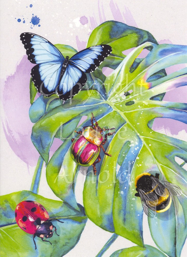 A blue butterfly with black wing edges, red and gold beetle, ladybird, and bumblebee sit on colourful cheese plant leaves.