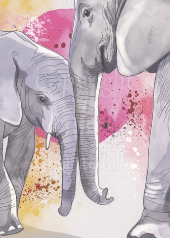 A young elephant presses its head and trunk against the trunk of an adult elephant. The background is a large pink circle overlaid with orange and brown paint splashes.