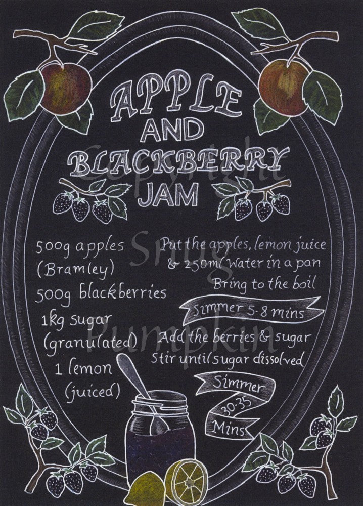 Recipe for Apple and Blackberry jam decoratively written in white chalk on a blackboard. The recipe is drawn within an oval shape, with red-brown apples at the top left/right, blackberries at the bottom left/right, and at the bottom, a pot of jam with a spoon in it and lemons underneath.