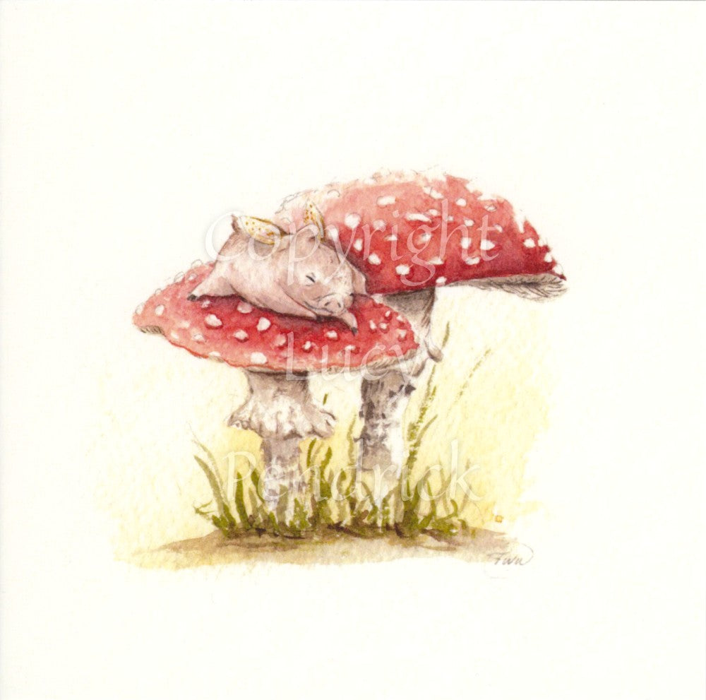 A small creature similar to a pig with wings sleeps on one of two red and white toadstools.