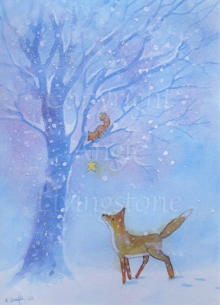 A snowy scene. A red fox looks up at a squirrel sitting in a tree. The squirrel dangles a gold star down towards the fox. The tree and background are in shades of blue.