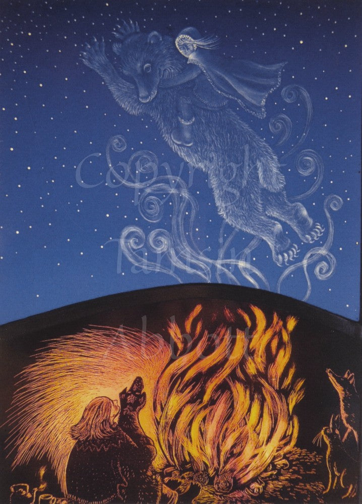 A woman cuddles her dog as she sits on the ground in front of a roaring fire. A hare and fox are seated to one side. All are looking up at a starlit sky where a ghostly bear can be seen. A woman in warm clothes and a cloak clings to the back of the bear, and both she and the bear look down towards the watchers around the fire.