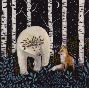 A fox and bear stand together in front of a row of silver birch trees. They both wear head garlands of holly. Blue leaves line the bottom of the design, and a sky full of stars and a moon shine beyond the trees.