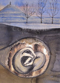 Two badgers huddle together, sleeping in a burrow underground. Above them, a row of bare trees in a field lead the eye to a snowy Glastonbury Tor in the background.