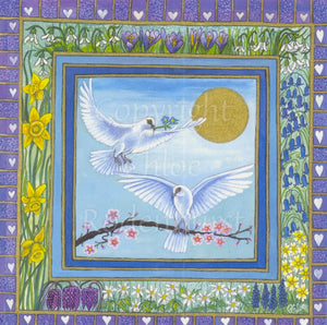 A white dove carries blue flowers to another dove perched on a pink-blossomed branch. The sun shines overhead against a blue sky. The design is enclosed in a box which is surrounded by spring flowers including crocuses, bluebells and daffodils. These are in turn enclosed within a purple border with white hearts.