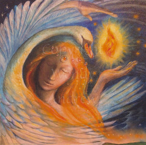 A red-haired woman appears to be merged with a swan. Her arms, curved to one side over her head, extend out from within the wings of the swan. A bright flame burns between her open hands.