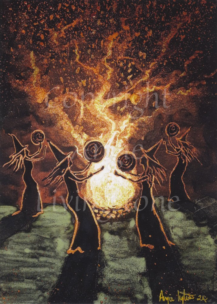 Gold-outlined silhouettes of four witches wearing long gowns and black pointed hats. They dance around a large fire, each beating a hand-held drum.