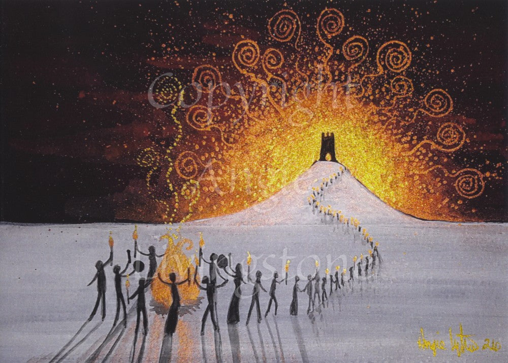 Silhouettes of people carrying flaming torches dance around a fire at the bottom of Glastonbury Tor. (Glastonbury Tor is a steep hill with just the tower of a church at the top.) There's snow on the ground, and a procession of dancers winds away from the fire and up the Tor. There's a strong golden glow behind the Tor with spirals of gold flowing out from the centre of the glow.