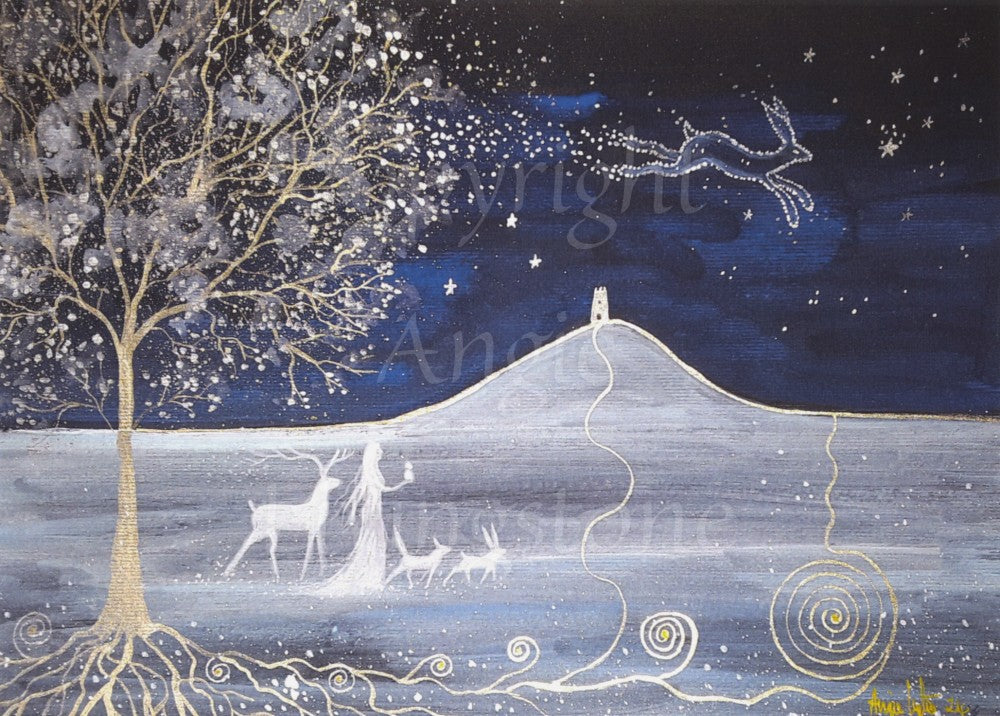 The white silhouette of a woman accompanied by a stag, a fox and a hare walking at the foot of Glastonbury Tor. Silver spirals wind along the bottom and up the Tor, and a hare made from stars leaps in the night sky overhead. A silver tree with gold branches and trunk stands to the left.