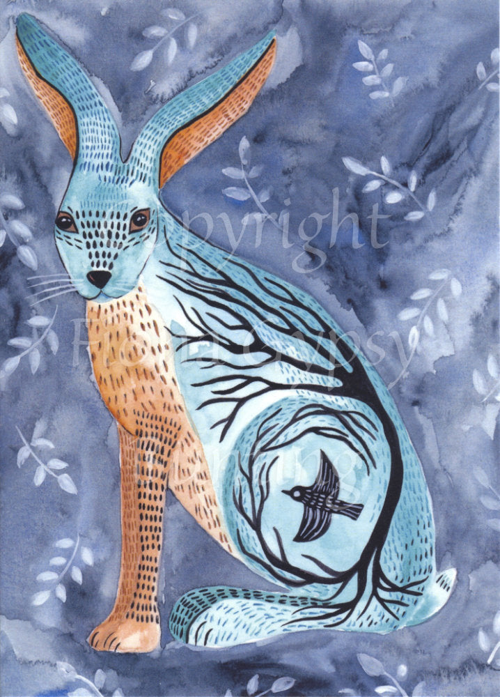 Illustration of a hare sitting looking towards the viewer with ears slightly back. A bare tree drawn in the body of the hare curves up from the back feet, over the hip, and up the back. A crow flies within a curved branch in the haunch. The colours of the hare are mostly mid-blue with orange-brown front legs, chest and inside the ears. The background consists of dark blue watercolour blooms with leafy twigs.