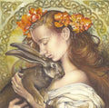The head and shoulders of a young woman, eyes closed, cuddling a brown hare.  She has a mass of long brown hair decorated with large orange flowers, and is wearing a white dress off at the shoulders. A Celtic knot pattern in the background surrounds the design.