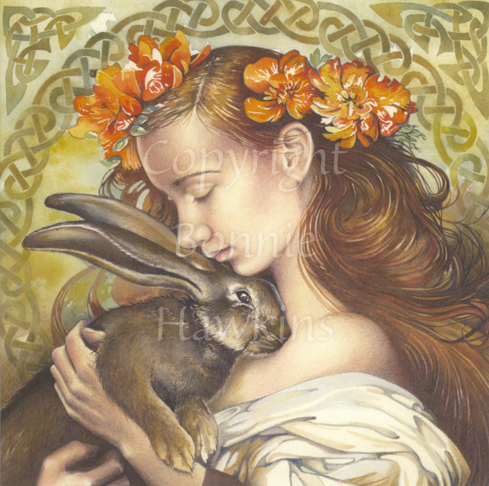 The head and shoulders of a young woman, eyes closed, cuddling a brown hare.  She has a mass of long brown hair decorated with large orange flowers, and is wearing a white dress off at the shoulders. A Celtic knot pattern in the background surrounds the design.