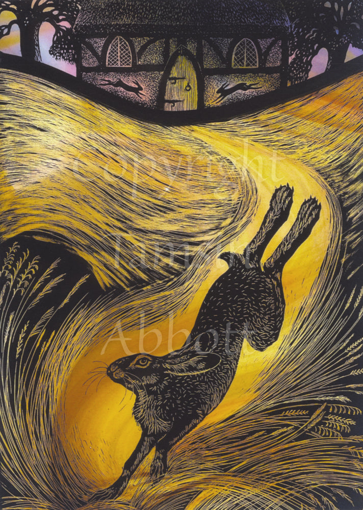 A hare dominates this design as it leaps down a golden path with long golden grasses flowing away and down on either side. The path leads from a thatched cottage at the top of the design. The cottage has an oval woooden door, curved oak frame with a lattice window each side, and two hares, one under each window, leap towards the door. Trees stand each side of the house.
