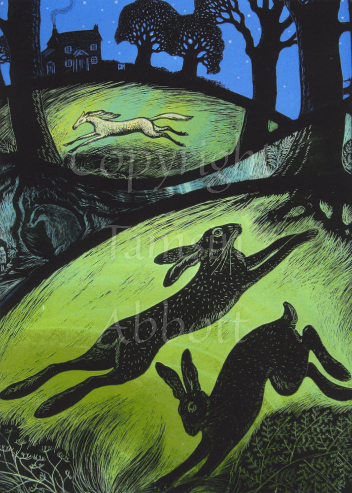 Two hares leap in opposite directions against the backdrop of a deep green field. This fills the bottom half of the design. At the top, a double-fronted cottage on top of a hill stands next to two tall trees. Smoke spirals from the chimney against a blue starlit sky. A white horse runs across the field below the house. In between the house and horse scene at the top, and the hares at the bottom, sits a small turquoise section in which a badger rests in a sett under a tree.