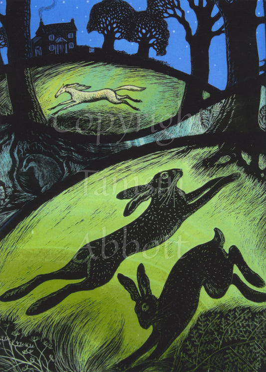 Two hares leap in opposite directions against the backdrop of a deep green field. This fills the bottom half of the design. At the top, a double-fronted cottage on top of a hill stands next to two tall trees. Smoke spirals from the chimney against a blue starlit sky. A white horse runs across the field below the house. In between the house and horse scene at the top, and the hares at the bottom, sits a small turquoise section in which a badger rests in a sett under a tree.
