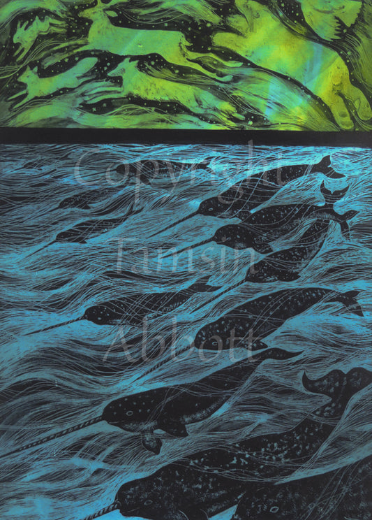 A group of Narwhals swimming together through a turquoise ocean fills the bottom three-quarters of the design. The top quarter is filled with animals, coloured in bright green, leaping across a night sky: reindeer, bears, foxes, hares and birds.