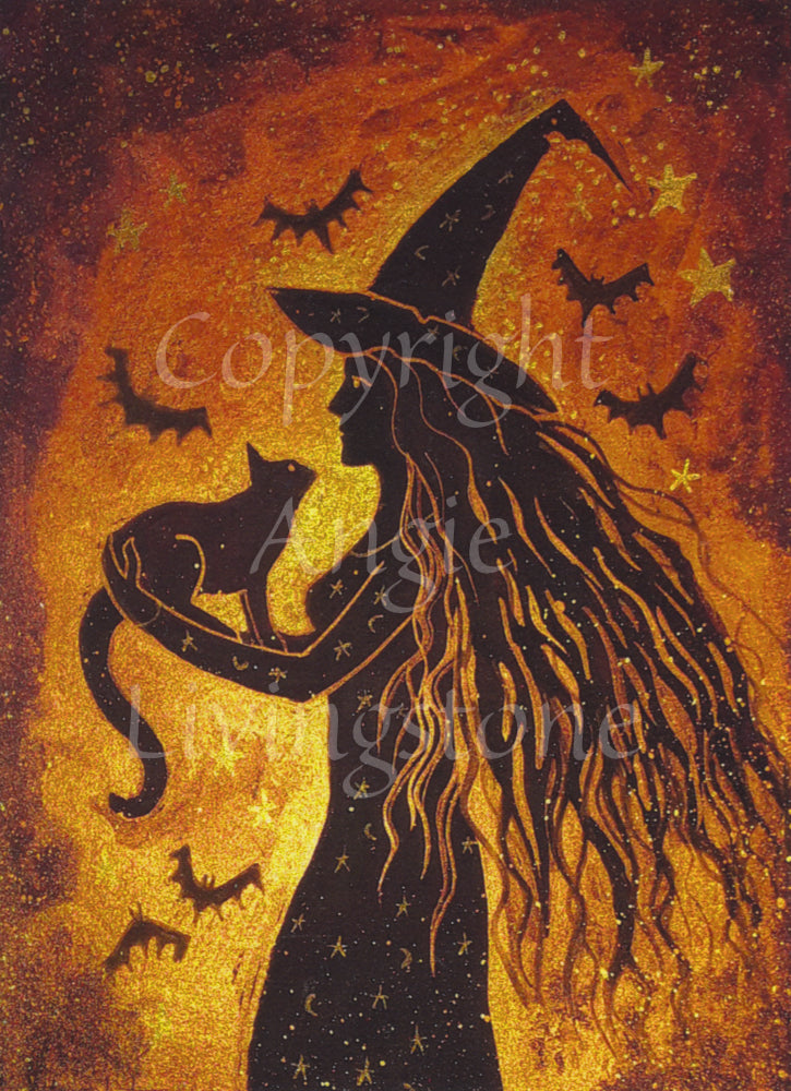 A sideview silhouette of a witch with pointed hat and long flowing hair, with a cat sitting in her outstretched arms facing towards her. The silhouette is lit behind with gold. Bats fly in front of the backlight. The witch's long dress is decorated with stars and moons.