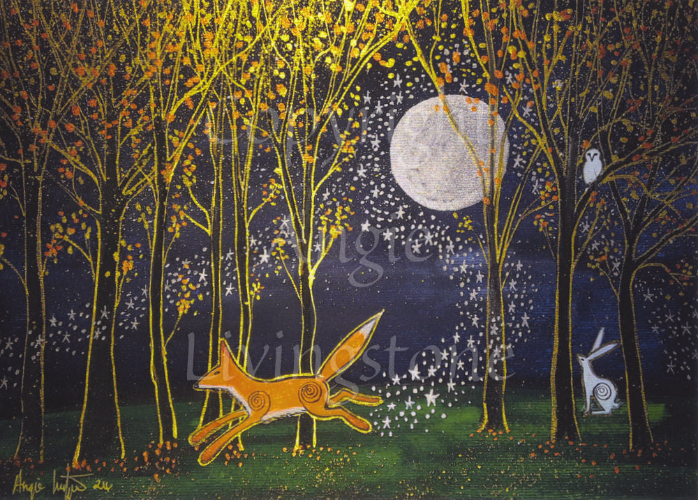 A red fox, outlined in gold, leaps toward the left, leaving behind a trail of silver stars. Behind, trees outlined in gold with sparse red and gold leaves, shine in the night sky. A white hare sits looking up towards a full moon shining through the trees in the centre of the design. A white owl sits in a tree. Green grass, lit by the moonlight, is covered in small gold and orange flowers.