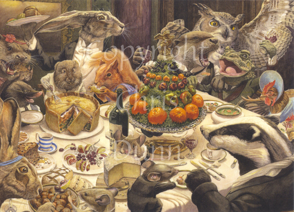 A group of rowdy animals sitting around a table having a feast. A rat slices a large pork pie, a mouse converses with a badger, another mouse and a hare share a plate of nuts, and yet another sits in the table munching on a slab of cheese. An otter holding a glass of wine converses with a frog forking food into his mouth. An owl stands behind them with an upstretched wing, and a hare stands at the back with a serving platter. A plate, mounded with green moss and decorated with fruit, sits in the centre.