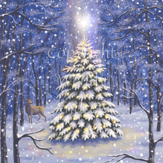 A spruce tree, covered in snow and golden balls of light, with a bright star above, stands in a snow-covered forest clearing. More snow is falling, and a deer stands to one side. A deep blue night sky can be seen through the trees.