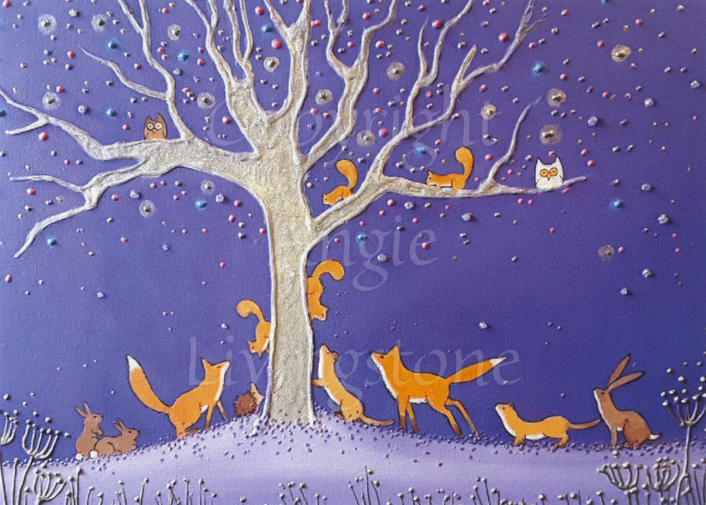 Foxes, hares and weasels stand on snowy ground looking up at a silvery, winter tree. Squirrels run down the trunk and across the branches, and owls sit at either end. The background is deep blue, dotted with multicoloured stars.