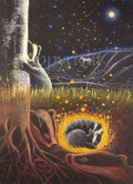A badger stands with their paws around the trunk of a tree. Behind him, a full moon rises against a starlit sky. A distant hill, glowing in the moonlight, is engraved with a white horse. Below ground, two badgers sleep surrounded by a golden glow, sparkles from which rise upward. The roots of the tree blend in colour with the faces of two badgers, and a small badger skull lies deep within.
