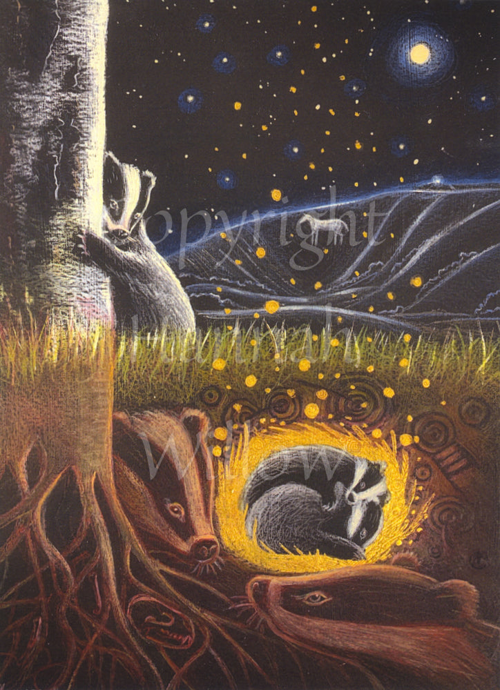 A badger stands with their paws around the trunk of a tree. Behind him, a full moon rises against a starlit sky. A distant hill, glowing in the moonlight, is engraved with a white horse. Below ground, two badgers sleep surrounded by a golden glow, sparkles from which rise upward. The roots of the tree blend in colour with the faces of two badgers, and a small badger skull lies deep within.
