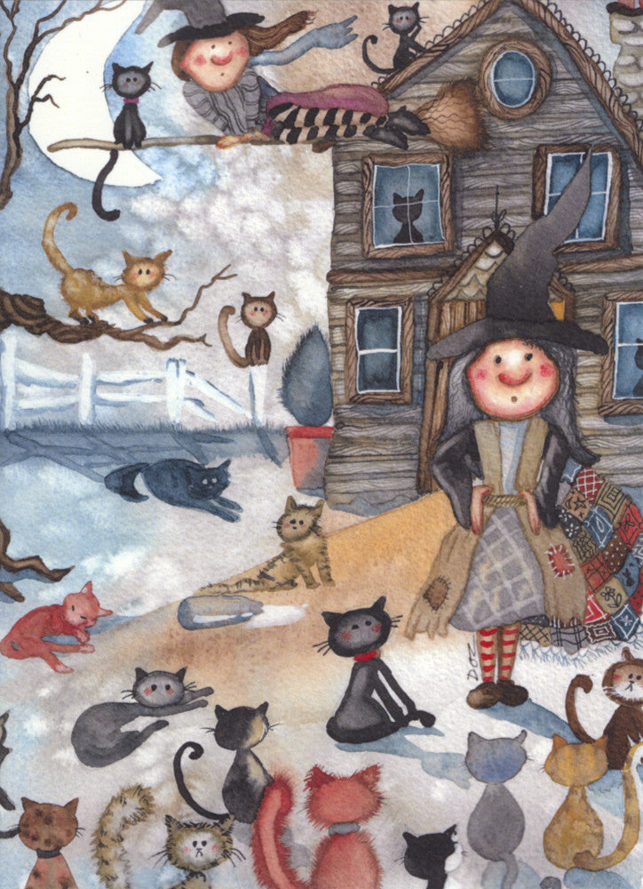 A woman wearing a patchwork dress and pointed black hat stands in front of a wood-clad house. Cats of many colours sit and lounge all around her, as well as in trees and on the roof. Another lady flies by on a broomstick with a black cat sitting on it. Snow lies on the ground and on the fence beyond.