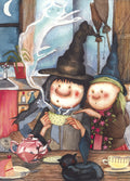 Two women wearing long, pointed hats stand at a kitchen table studying the contents of a steaming cup, one pointing towards the contents. As the steam rises upwards it forms the shape of a leaping cat. A teapot, slice of cake, and black cat sit on the table in front of them.