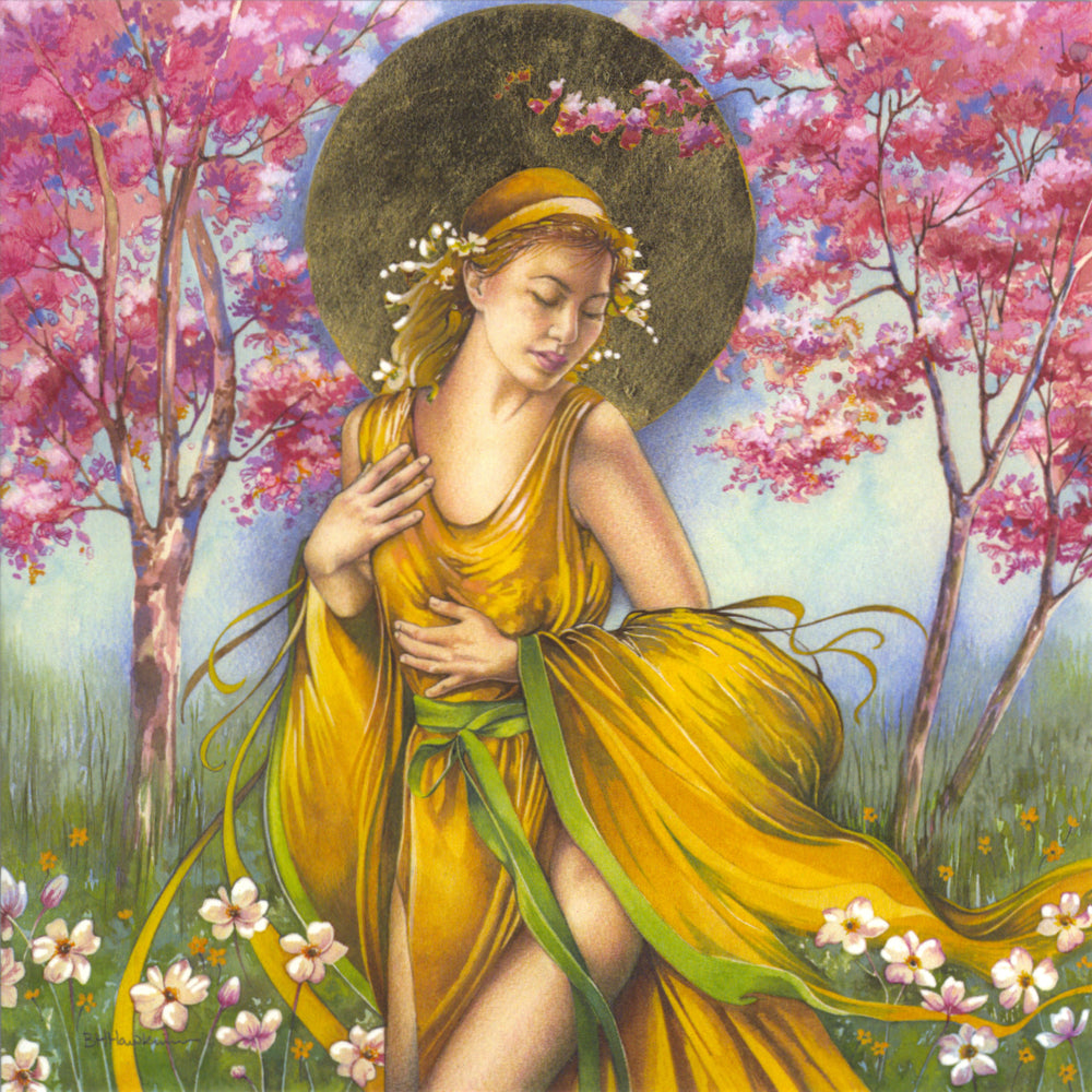 A young woman in a long flowing yellow dress with a green belt walks through a field of flowers. A golden sun rises behind her, and in the background, to the left and right, young trees are covered in pink blossom.