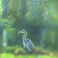 A grey heron sits facing to the left in long grass on the banks of a wide river. Branches dangle down from above, and the sun illuminates the river, vegetation, and the outline of the heron, making them appear to glow. Overall colours are shades of green and brown.