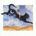 A child with long hair sits, arms out-scretched and eyes closed, on the back of a giant black cat as it leaps across a landscape of orange hills, swirly clouds and blue skies. A crescent moon and stars sparkle within the body of the cat.