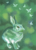 A rabbit stands, slightly crouched, while white butterflies fly above them. The overall colour is shades of green.