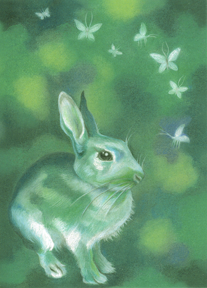 A rabbit stands, slightly crouched, while white butterflies fly above them. The overall colour is shades of green.