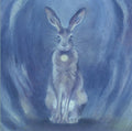 A hare with a white spot on their chest sits upright at the end of a tunnel or holloway facing the viewer. Colours are shades of blue.