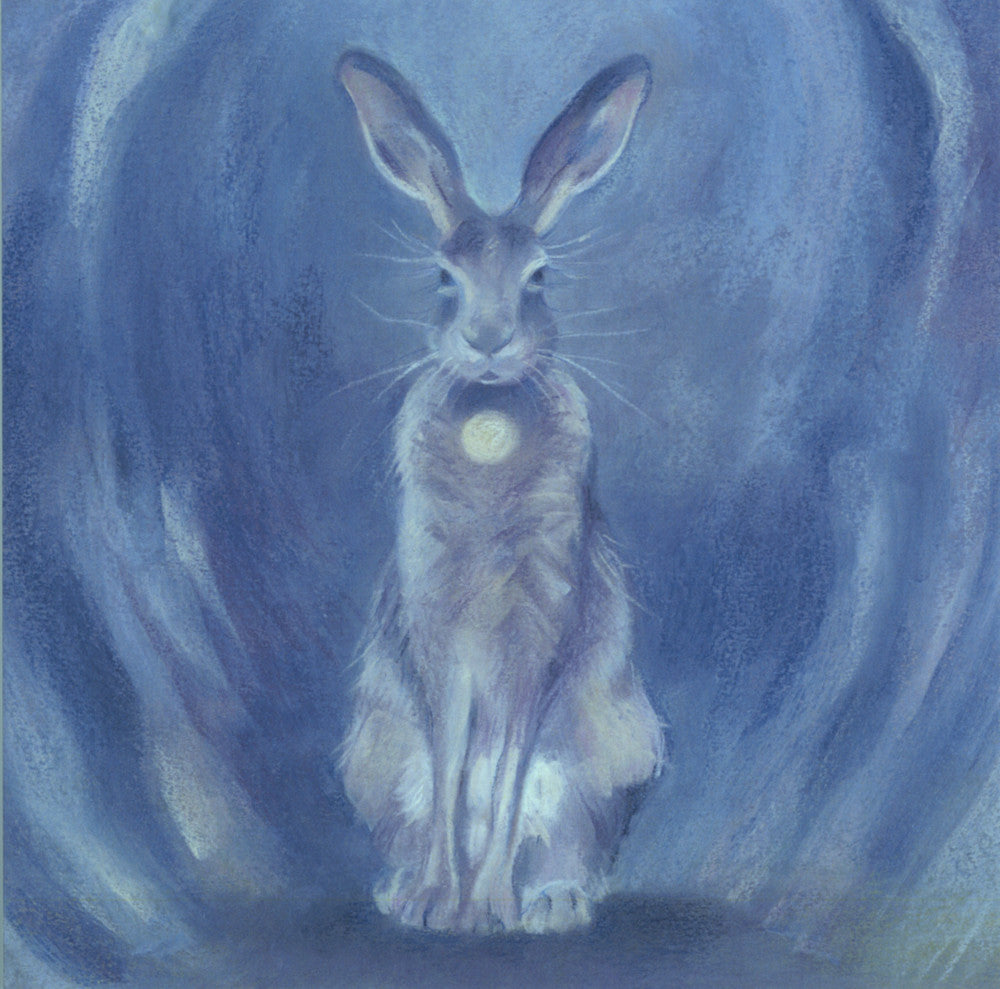 A hare with a white spot on their chest sits upright at the end of a tunnel or holloway facing the viewer. Colours are shades of blue.