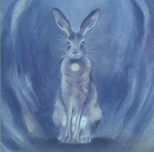 A hare with a white spot on their chest sits upright at the end of a tunnel or holloway facing the viewer. Colours are shades of blue.