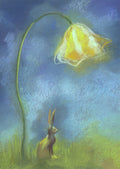 A brown hare sits in grass, ears upright, beneath a much larger orange/yellow flower hanging down from a long stem like a lamp. The hare and surroundings appear to be lit by the flower. The sky is shades of deep blue with sweeps of pale cloud.