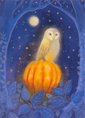 A pale-coloured owl sits on a glowing orange pumpkin. A starry night and full moon shine behind. A border of bare blue trees with blue leaves at the bottom surround the scene.