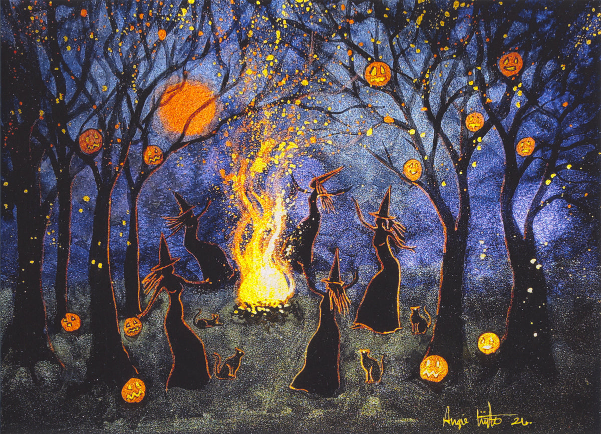 The silhouettes of five witches in long black dresses, pointed hats, and outlined in gold, dancing around a large fire at night. Black cats sit near their feet. They dance in a grassy clearing surrounded by bare trees with jack-o-lanterns hanging from the branches. Embers from the fire sparkle upwards and around the trees, and glowing orange full moon shines through the trees.