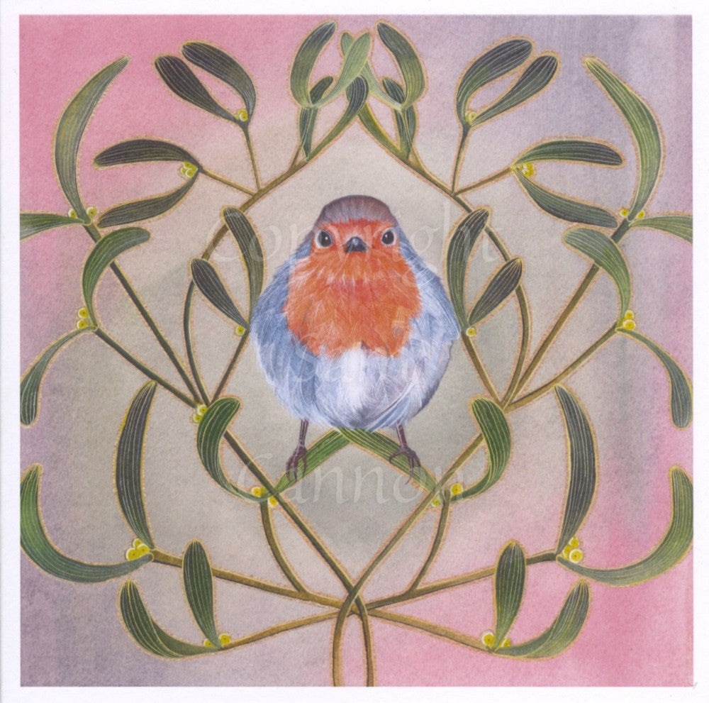 A robin sits in the centre of a symmetrical lattice mistletoe design, facing the viewer. The background is pink, fading to grey in the centre.